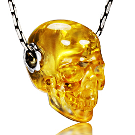 Necklace of Clear Citrine Carved Crystal Skull Pendant